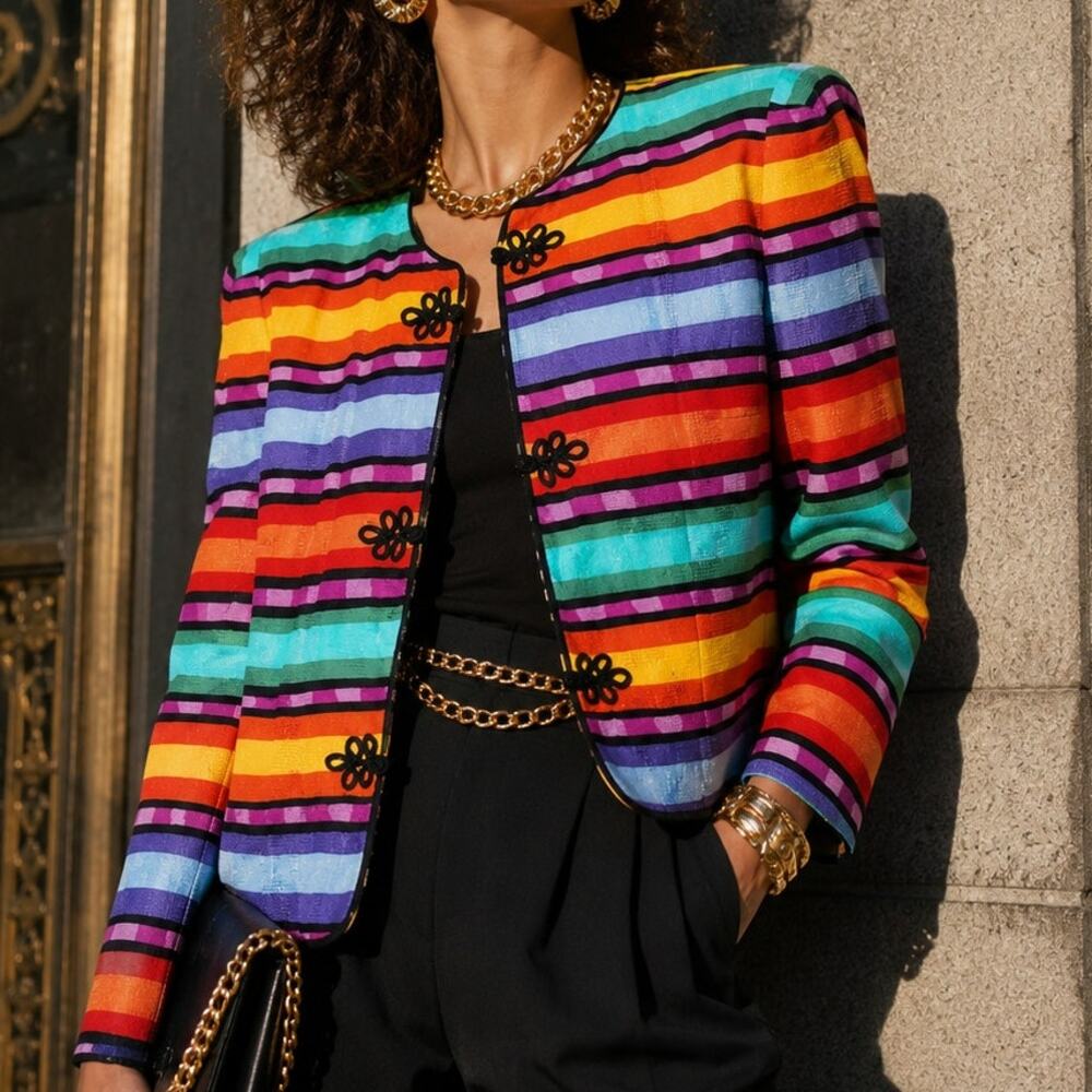 Vintage Maggy London Womens 8 Blazer Jacket Silk Multicolor Stripe Rainbow 80s